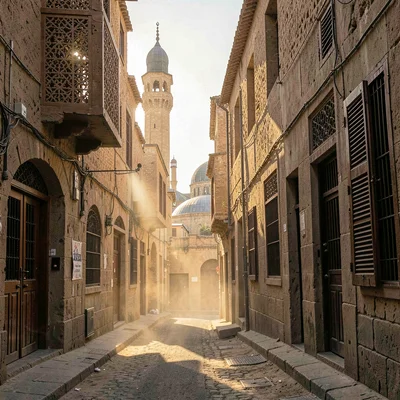 Islamic Cairo geometry, medieval city light, narrow street between medieval buil