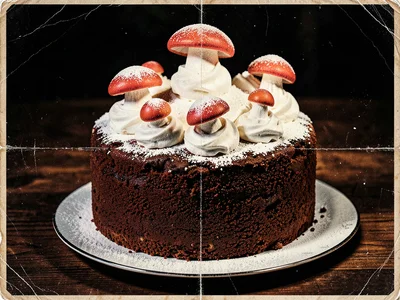 Yule log cake with meringue mushrooms and powdered sugar snow