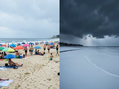 Beach split — left half summer crowds and umbrellas, right half stormy empty win