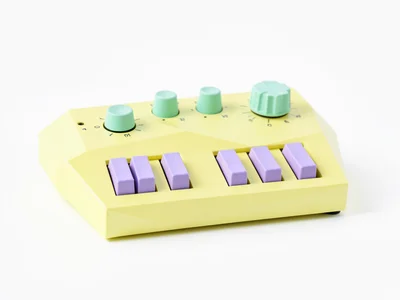 Electronic butter-yellow lowpoly synthesiser keyboard with mint pitch wheel and