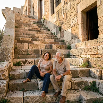 Old Jaffa time-layered, ancient port stone warmth, Couple sitting on worn stone 