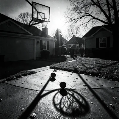 Basketball hoop casting geometric shadow on driveway, abandoned ball, after-scho
