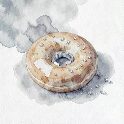 Quiet smoky lowpoly bagel with a faceted ring and a sprinkle of crystalline seed