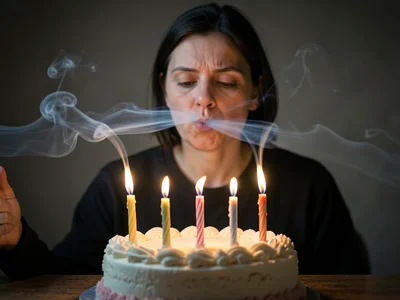 A Schlieren photograph of someone blowing out birthday candles on a cake, the br