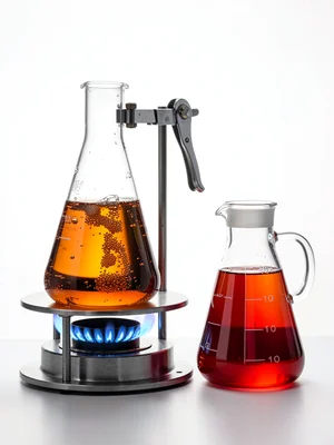 Flask on Iron Stand Blue Flame Amber Solution