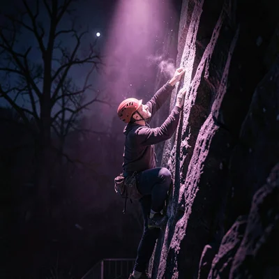 Vertical nocturnal photo of a climber chalking up under a single magenta spotlig