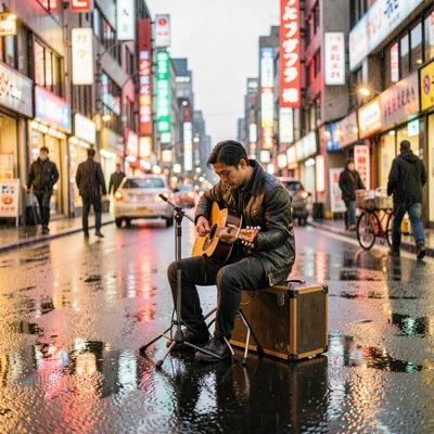 Street musician between songs — sitting on a case, looking down at pavement, cit