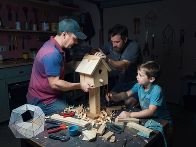 Dad and kids building birdhouse in garage workshop, tools and wood scraps