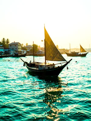 Brilliant Indian Ocean noon light in Dar es Salaam, Harbor sunrise, dhow silhoue