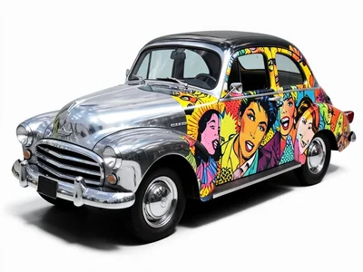 Vintage car where front half is chrome photo and rear half is pop art painting