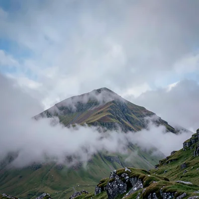 Highland atmospheric mist, Skye grey-green-purple, Mountain ridge emerging from 