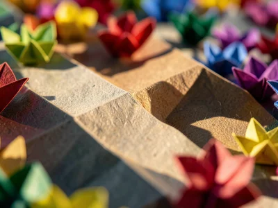 Field of tiny origami flowers in graduated spring colors, shallow focus