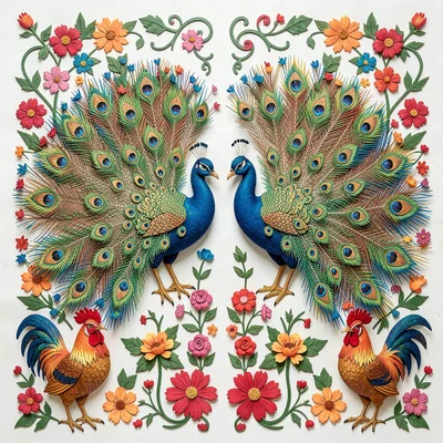 Polish wycinanki paper cut illustration, two peacocks facing each other with ela