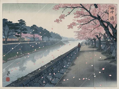 Cherry blossom avenue along a river embankment, petals falling diagonally in the