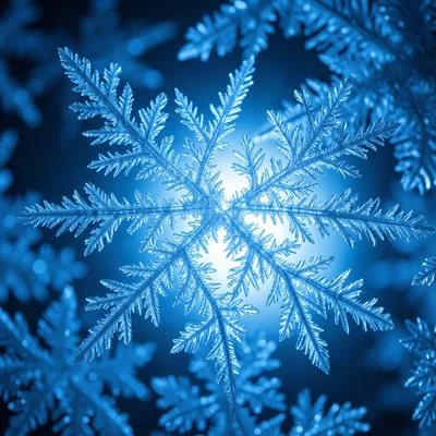 Ice crystal forming in real-time, branching dendrite patterns, macro, blue backl