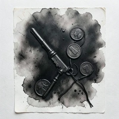 Monoprint with objects pressed into wet ink: a key, coins, and string leaving th