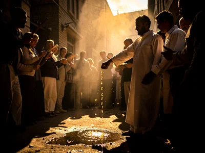 Dramatic light through darkness in Addis Ababa, Ethiopia, Timkat celebration mom