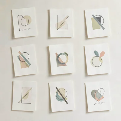 A 4x2 grid of abstract bookplate designs on a soft cream backdrop, plates slight