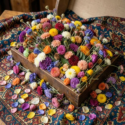 A hat box open, overflowing with dried flowers, petals scattered across patterne