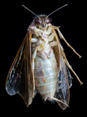 A cicada emerging from its nymph exoskeleton, the new adult still pale and soft,