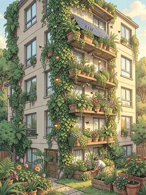 Vertical garden wall on a housing block — edible plants in every tier, bees work