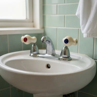 > A 1953 mid-century bathroom faucet and spout configuration on a small white pedestal sink, photographed at slight down