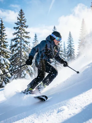 Skier silhouette filled with fresh powder snow and pine forest, double exposure
