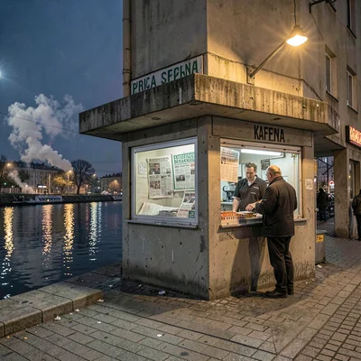 Belgrade brutalist night and Danube reflections, Corner kiosk at dusk with vendo
