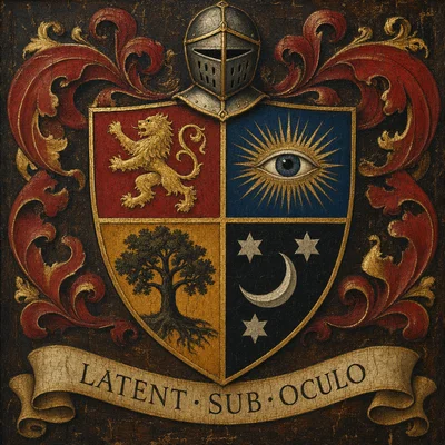 A painted heraldic coat of arms filling a square 1:1 frame, full bleed. The shield is a classical European kite shape an