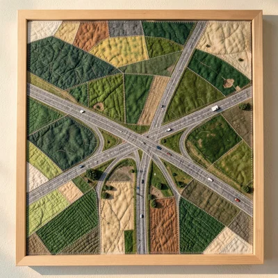 A highway interchange as grey ribbon winding through green patchwork farmland