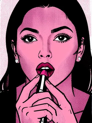 Woman applying lipstick, close-up, bold black outline, flat pink skin