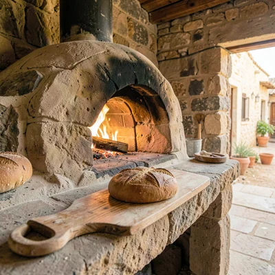 inside a Lebanese village stone bakery at clear afternoon, beehive oven mouth bl