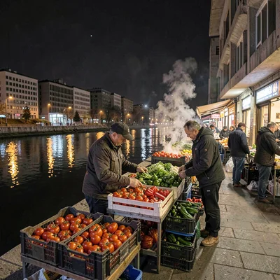 Belgrade brutalist night and Danube reflections, Market vendor arranging fresh p