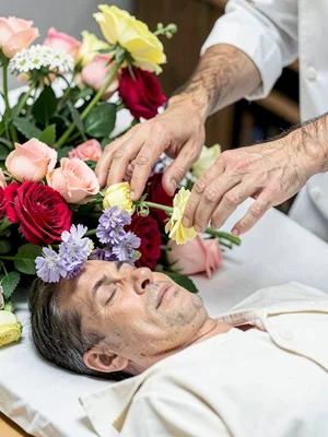 Mortician's hands arranging flowers around the deceased, tenderness in the gestu