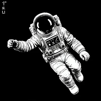 1-bit dithered illustration, astronaut floating , black and white only, dither p