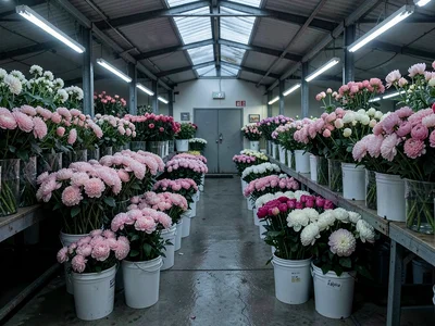 Peony Buckets Lining Market Aisle
