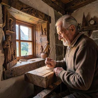 Maramures wooden craft, hand-carved church detail, An elderly woodcarver working