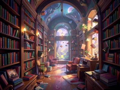 Library where books are shelving themselves, floating to their spots, cozy inter
