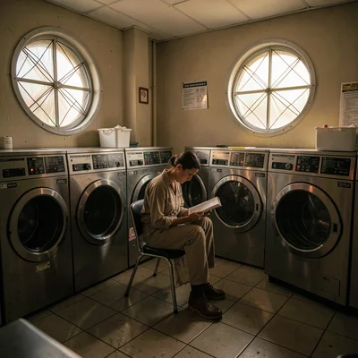 A person reading while waiting in the warm laundromat atmosphere