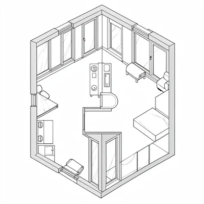 corner unit condo floor plan with two-side glazing, no labels