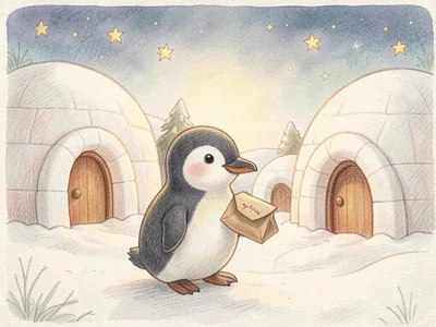 A penguin delivering mail in a snowy village, each house an igloo, stars overhea
