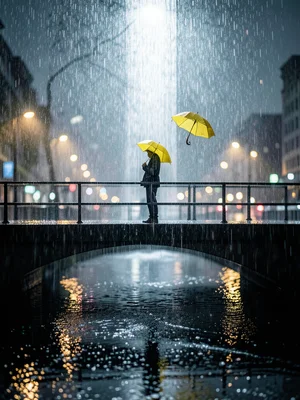 A lone figure with a yellow umbrella on an empty bridge, rain creating a silver 