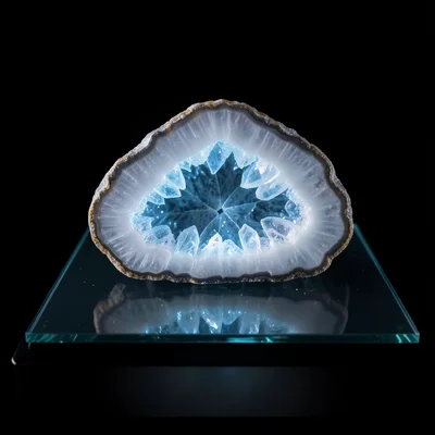 A cross-section of a geode placed flat on the scanner, crystalline interior glow