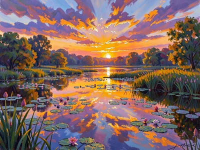 Sunset reflected across a lily pond, broken bands of orange and violet