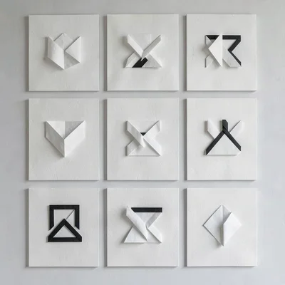 Tidy 4x3 room grid of twelve abstract gallery tiles, each carrying a different f