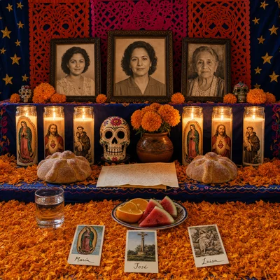 A Mexican Día de los Muertos ofrenda photographed frontal at eye level, filling a square 1:1 frame, full bleed. The alta
