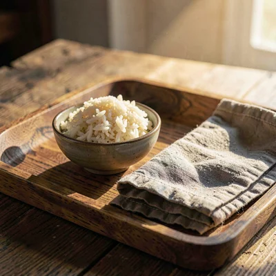 A walnut tray with a small bowl of cooked rice and a folded linen, warm side lig