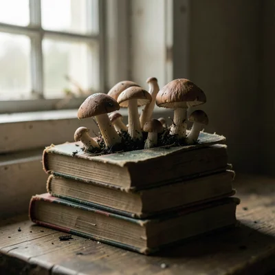 Mushrooms growing from stack of old books, soft window light, cozy decay