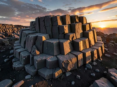 Basalt columns at sunset with warm light