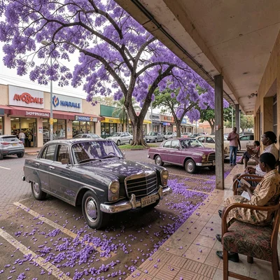 Jacaranda season purple light in suburban Harare, Zimbabwe, Avondale shopping ce